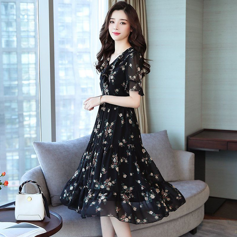 블랙 플라워 쉬폰 롱 원피스 여름 하객룩 브이넥 프릴 반팔 여성 오피스룩 세련된 스타일 데일리 패션 - 상세 이미지 4