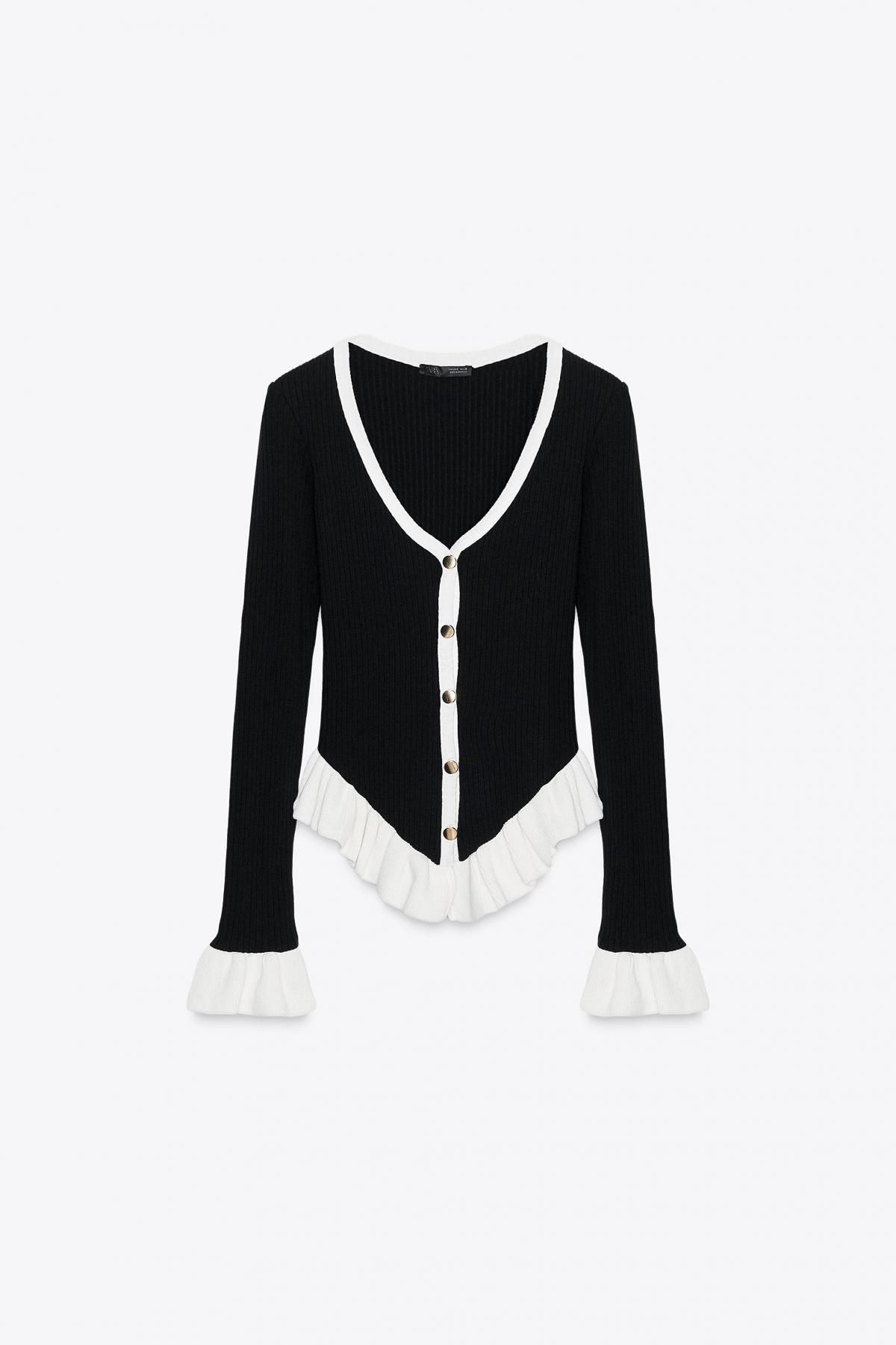 자라 배색 러플 브이넥 가디건 4770/453 BLACK / WHITE - 메인 이미지