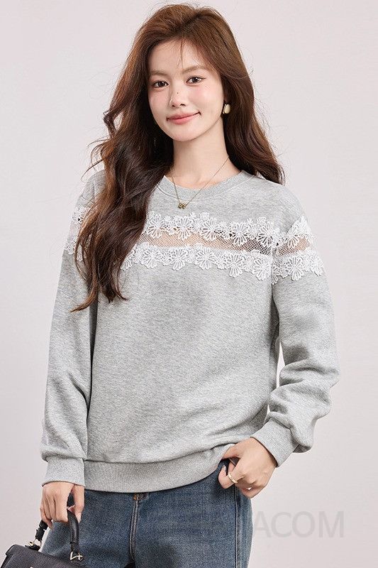 그레이 여성 스웨트셔츠 레이스 포인트 루즈핏 맨투맨 봄 가을 데일리룩 편안한 착용감 스타일리시한 라운드넥 디자인 이미지 6