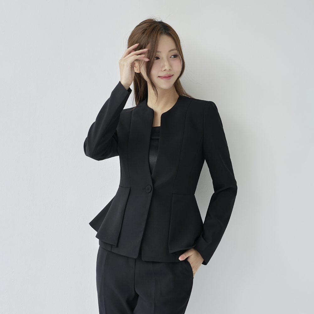 여성 정장 노카라 노버튼 페플럼 유니폼 아나운서 면접 [Y날개 바지 세트] 이미지 4