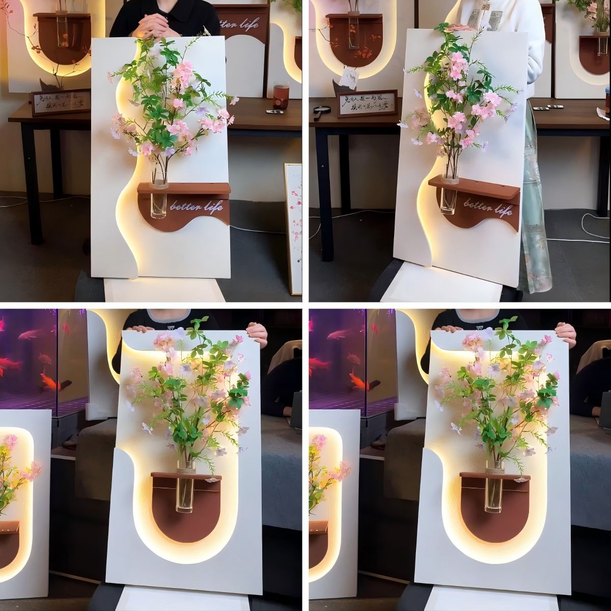 감성화분 벽장식 조명식 액자 크림스타일 LED 인테리어 A타입사진과동일그린플랜트+화병포함 LED라이트+입체감다층샌드스톤공예 50x87 - 상세 이미지 5