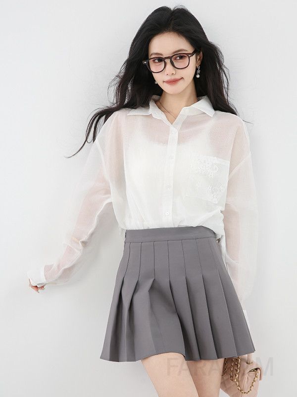 여성 화이트 레이스 리본 셔츠 긴팔 가디건 스타일 얇은 봄 가을 데일리 우아한 여성블라우스 레이어드용 시스루 탑 - 상세 이미지 5