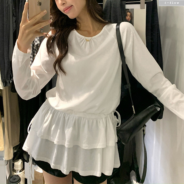니취 캉캉 프릴 스트링 롱 하프 티셔츠 3col 가을 봄 미니원피스 레이어드 제이플로우 이미지 7