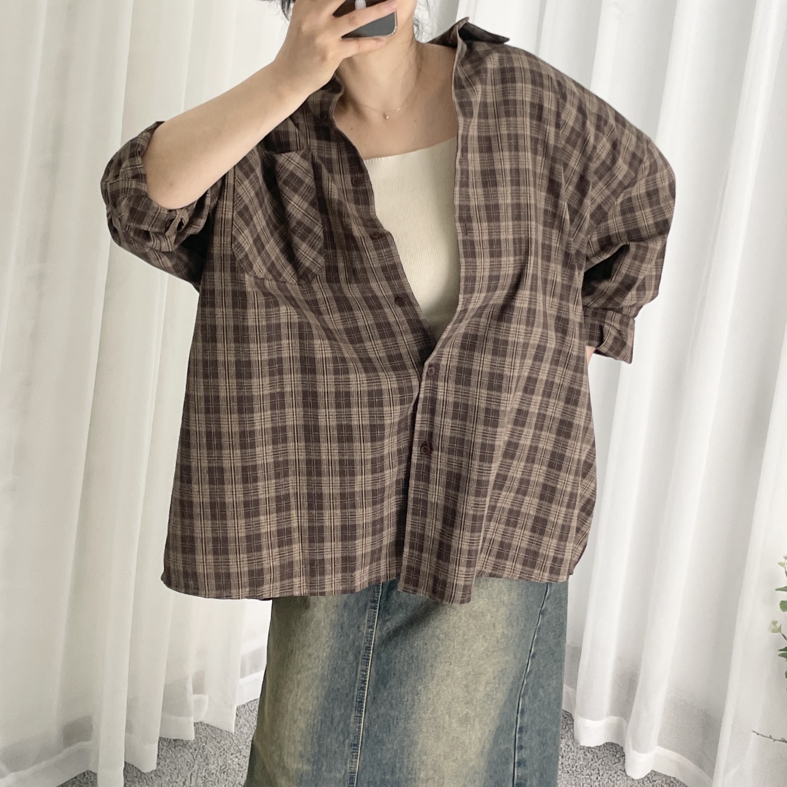 여성체크남방 오버핏남방 드롭숄더셔츠 - 상세 이미지 3