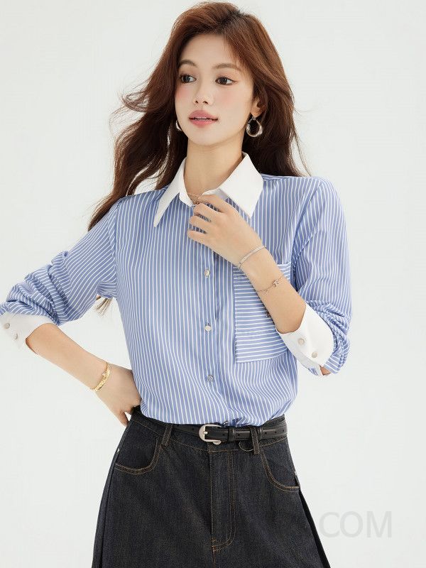여성 스트라이프 셔츠 블루 스티칭 니치 스타일 통근용 고급스러운 긴팔 링클프리 편안한 착용감 데일리 블라우스 스타일링 - 상세 이미지 2