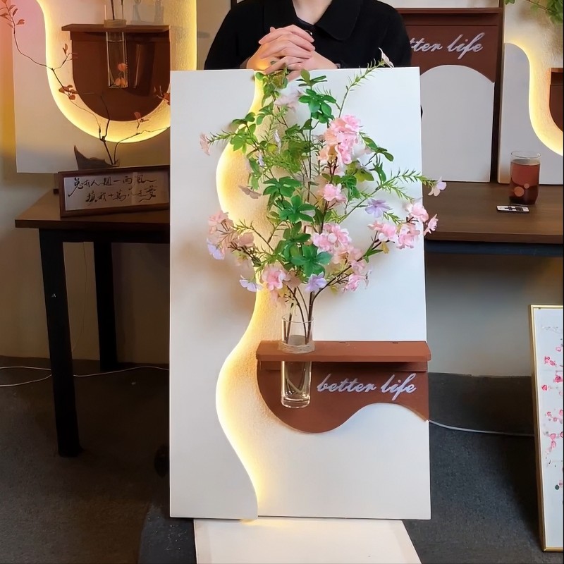 감성화분 벽장식 조명식 액자 크림스타일 LED 인테리어 A타입사진과동일그린플랜트+화병포함 LED라이트+입체감다층샌드스톤공예 50x87 - 상세 이미지 4