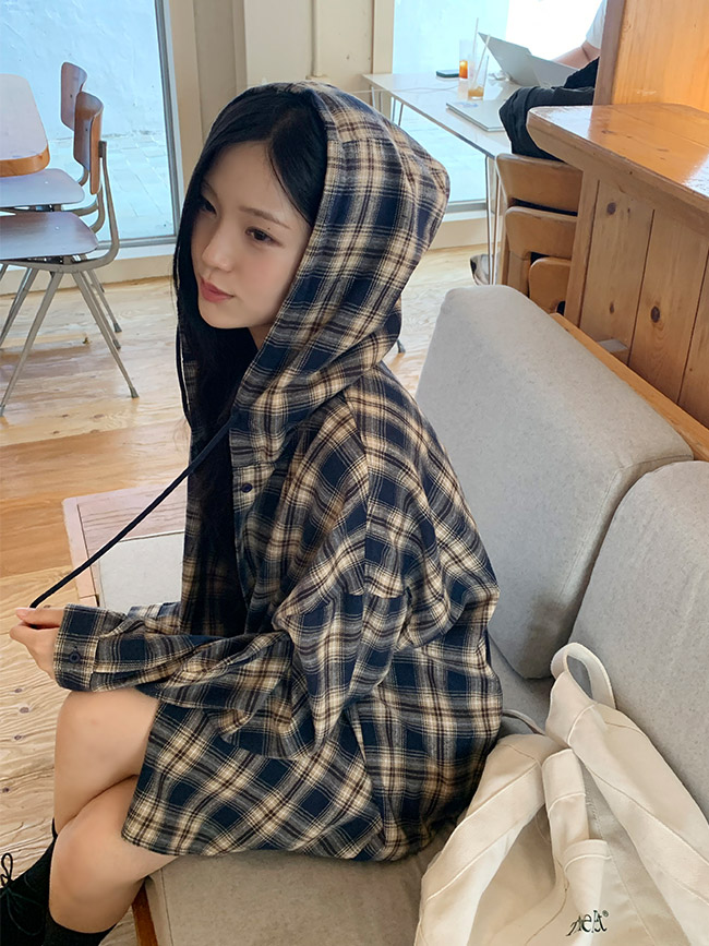 [자체제작] 루즈핏 후드 체크 셔츠 bs8325 이미지 2
