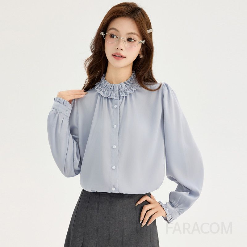 가을 여성 긴팔 러플 블라우스 고급스러운 드레이프 스타일 루즈핏 프릴 디자인 하객룩 데일리 착용 편안한 매력적인 셔츠 - 상품 이미지