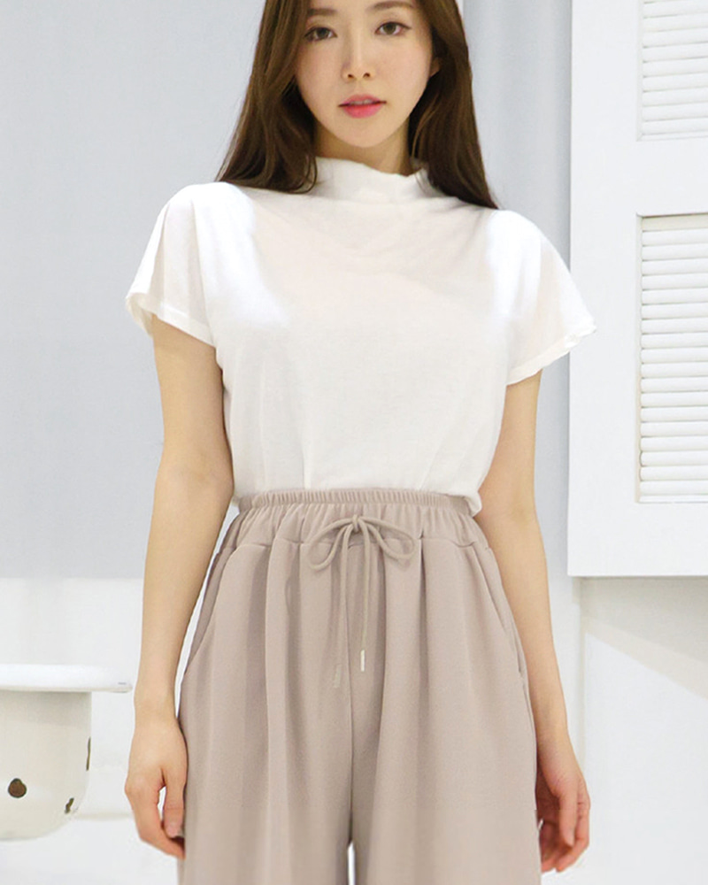 캡소매 반목티 반팔 티셔츠 여성 반하이넥 폴라 슬림핏 - 상품 이미지