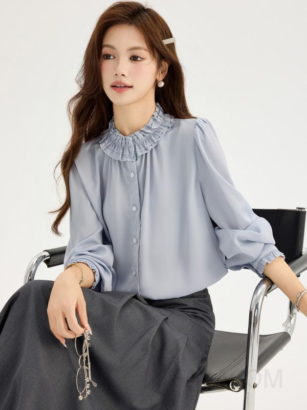 가을 여성 긴팔 러플 블라우스 고급스러운 드레이프 스타일 루즈핏 프릴 디자인 하객룩 데일리 착용 편안한 매력적인 셔츠 - 상세 이미지 4