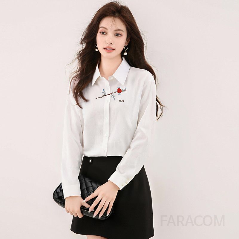 여성 자수 루즈핏 긴팔 셔츠 화이트 캐주얼 편안한 스타일 통근용 시원한 코튼 소재 트렌디한 디자인 - 상품 이미지