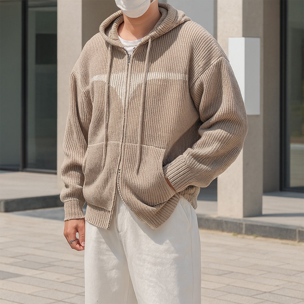 남자 오버핏 투웨이 다이아 니트 두꺼운 후드 집업 - 상품 이미지
