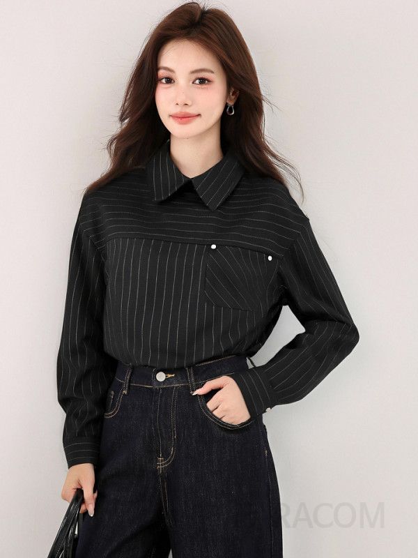 여성 스트라이프 긴팔 셔츠 데일리 출퇴근 패션 고급스러운 캐주얼룩 가을용 면 소재 편안한 착용감 스타일리시한 디자인 - 상세 이미지 2