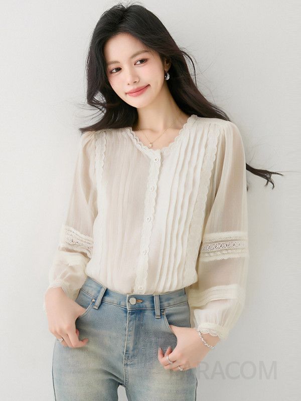 퍼프슬리브 루즈핏 블라우스 여성 가을 스타일 자수 디테일 라운드넥 캐주얼 셔츠 데일리 고급스러운 디자인 빈티지 감성 - 상세 이미지 2