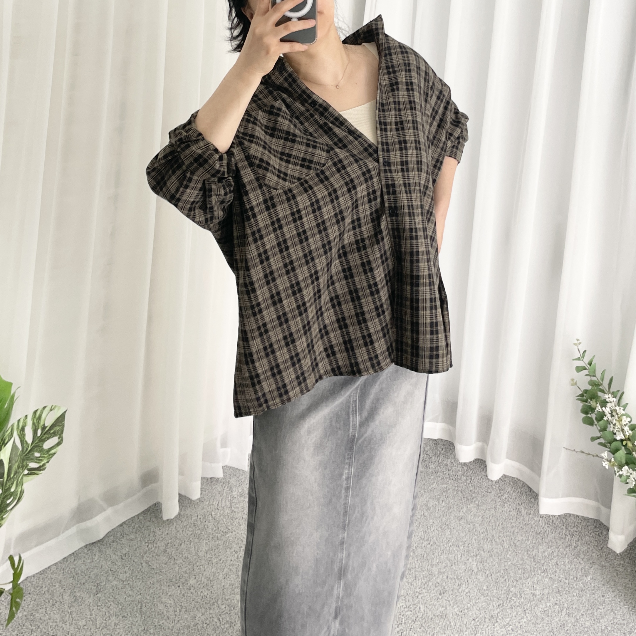 여성체크남방 오버핏남방 드롭숄더셔츠 이미지 7