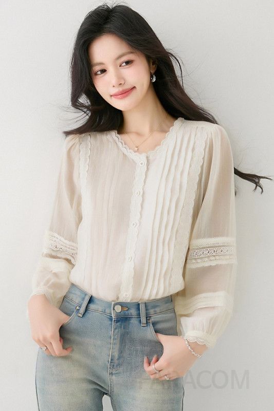 퍼프슬리브 루즈핏 블라우스 여성 가을 스타일 자수 디테일 라운드넥 캐주얼 셔츠 데일리 고급스러운 디자인 빈티지 감성 - 상세 이미지 5
