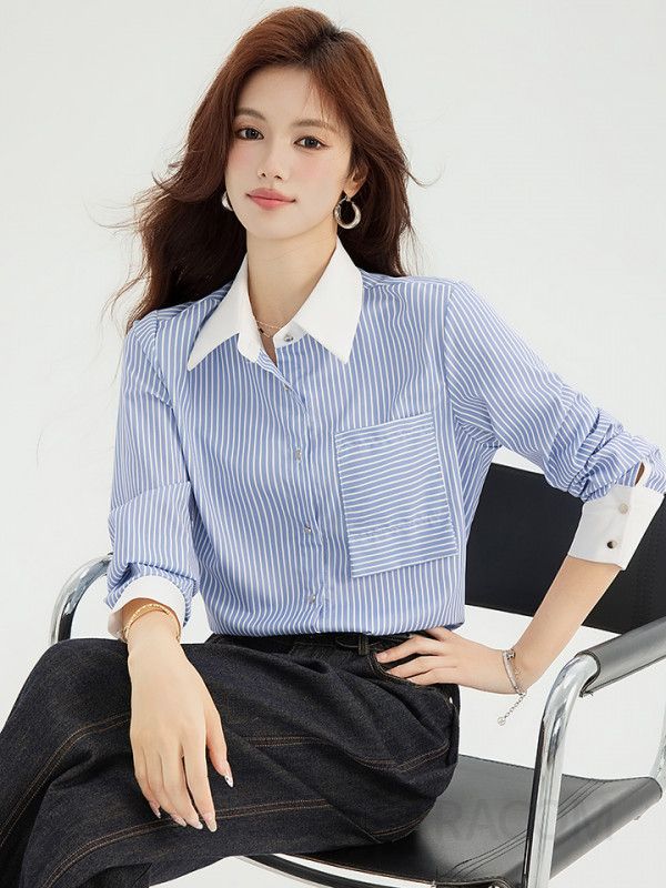 여성 스트라이프 셔츠 블루 스티칭 니치 스타일 통근용 고급스러운 긴팔 링클프리 편안한 착용감 데일리 블라우스 스타일링 - 상세 이미지 4