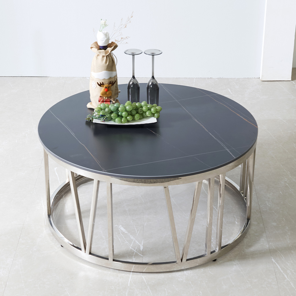 스코나 슬로이 스텐 실버 포세린 세라믹 원형 거실 소파 테이블 좌탁