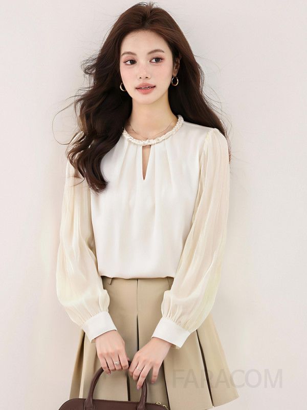 플리츠 슬리브 여성 가을 셔츠 레트로 스타일 루즈핏 블라우스 고급스러운 디자인 통근용 편안한 착용감 - 상세 이미지 5