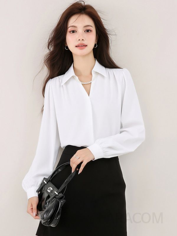 새틴 블랙 브이넥 블라우스 여성용 가을 긴팔 셔츠 우아한 펄 디테일 고급스러운 통근룩 세련된 스타일 데일리룩 - 상세 이미지 4