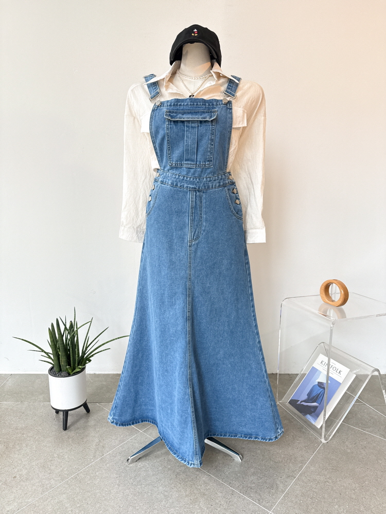 원포켓 쓰리버튼 오버롤 멜빵 맥시 롱 데님 원피스