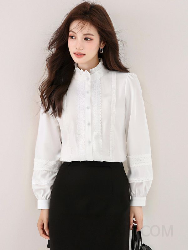 흰색 러플 긴팔 블라우스 여성용 우아한 가을 스타일 세련된 라운드넥 캐주얼 상의 데일리 코디 적합한 셔츠 - 상세 이미지 3