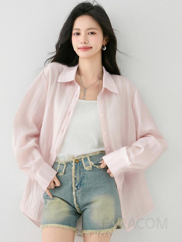 여성 얇은 긴팔 카디건 셔츠 구김없는 편안한 핑크 컬러 캐주얼 데일리룩 여름 가을용 긴 기장 다양한 스타일링 가능 - 상세 이미지 3