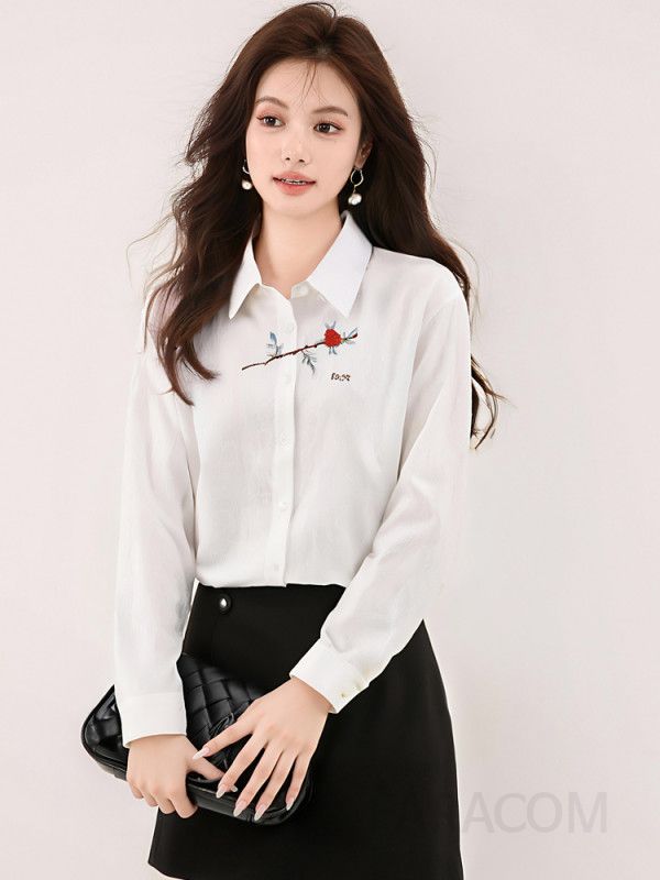 여성 자수 루즈핏 긴팔 셔츠 화이트 캐주얼 편안한 스타일 통근용 시원한 코튼 소재 트렌디한 디자인 - 상세 이미지 2