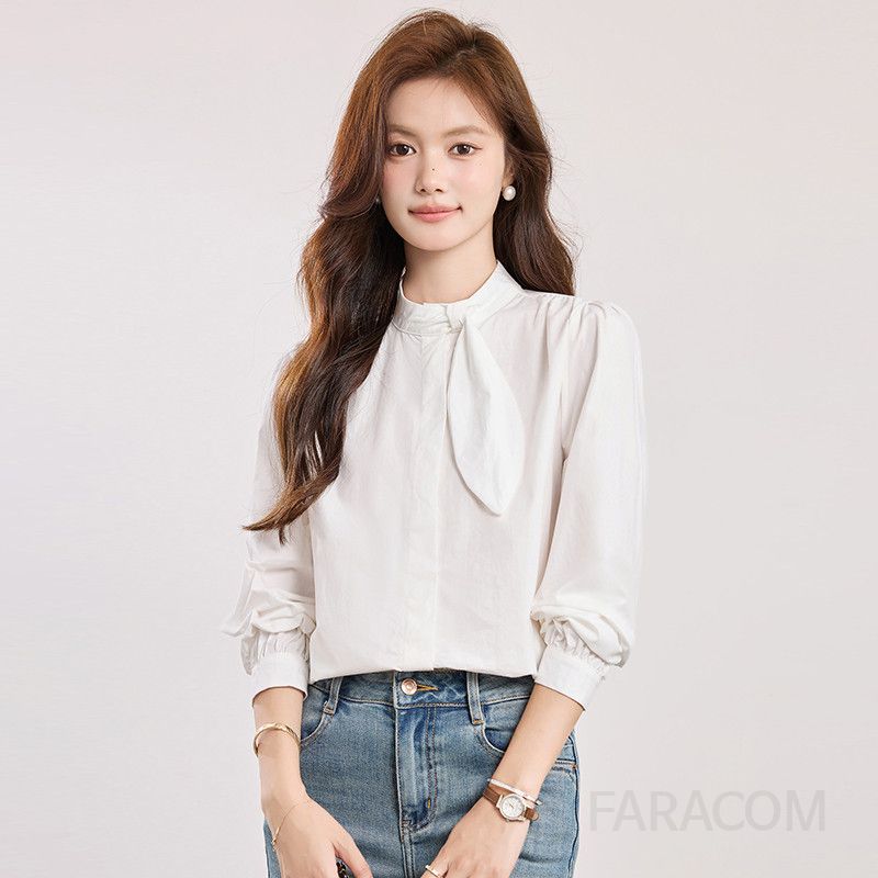 퍼프소매 여성 가을 블라우스 우아한 스타일 라운드넥 루즈핏 시스루 쉬폰 소재 고급스럽고 편안한 일상 데일리룩 활용 가능