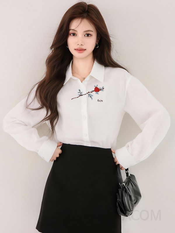 여성 자수 루즈핏 긴팔 셔츠 화이트 캐주얼 편안한 스타일 통근용 시원한 코튼 소재 트렌디한 디자인 - 상세 이미지 4