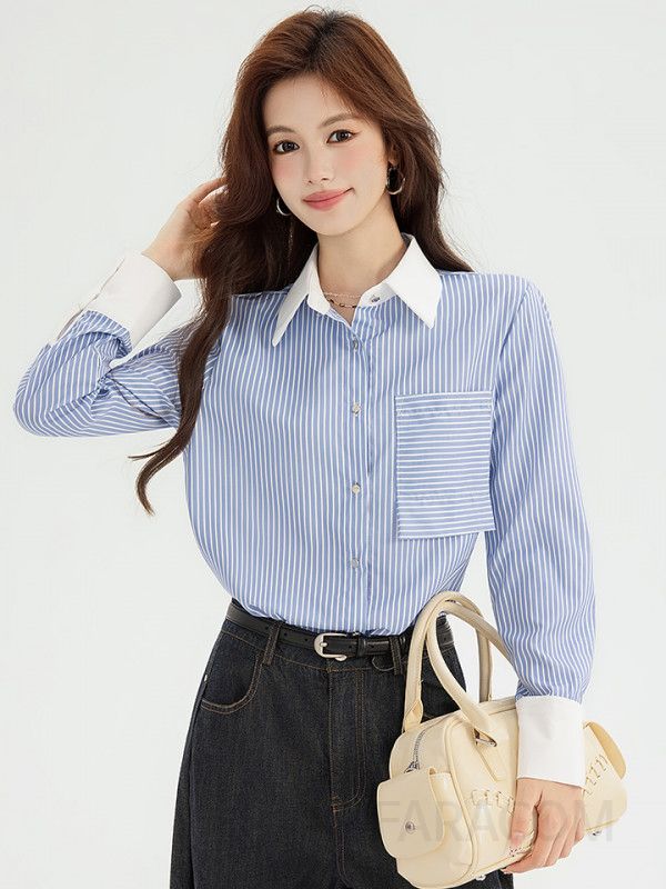 여성 스트라이프 셔츠 블루 스티칭 니치 스타일 통근용 고급스러운 긴팔 링클프리 편안한 착용감 데일리 블라우스 스타일링 - 상세 이미지 3
