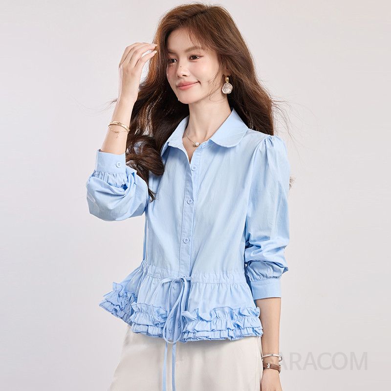 가을 플리츠 블라우스 여성용 퍼플 블루 단추 조임끈 스타일 라펠 디자인 캐주얼 셔츠 탑 루즈핏 모던한 트렌디한 데일리 패션 - 상세 이미지 3