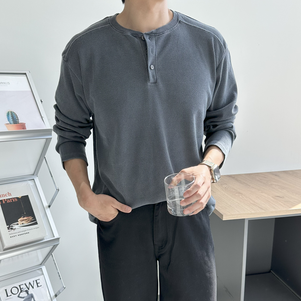 피케 헨리넥 티셔츠 구김없는 오버핏 와플 남자 긴팔티 - 상세 이미지 3
