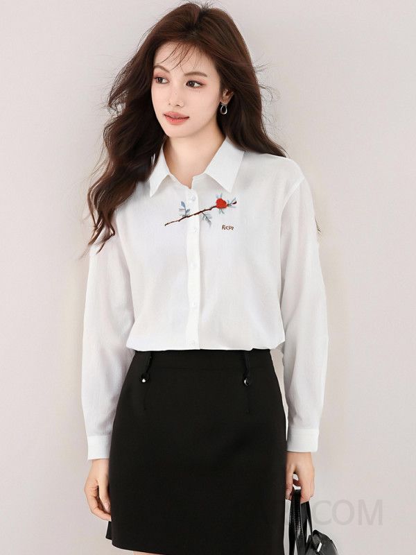 여성 자수 루즈핏 긴팔 셔츠 화이트 캐주얼 편안한 스타일 통근용 시원한 코튼 소재 트렌디한 디자인 - 상세 이미지 3