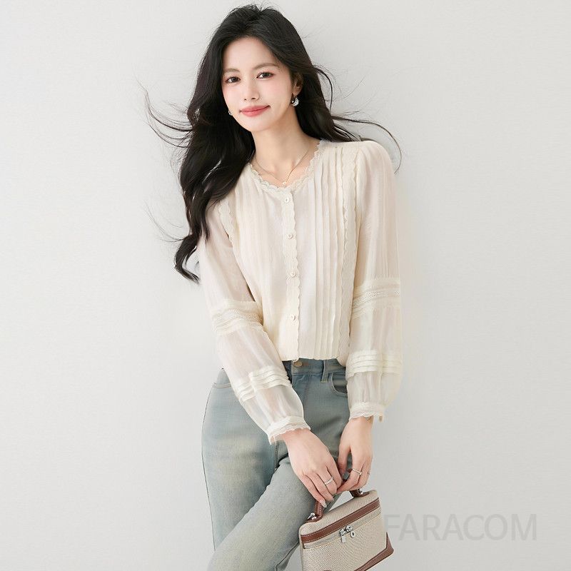 퍼프슬리브 루즈핏 블라우스 여성 가을 스타일 자수 디테일 라운드넥 캐주얼 셔츠 데일리 고급스러운 디자인 빈티지 감성 - 상품 이미지
