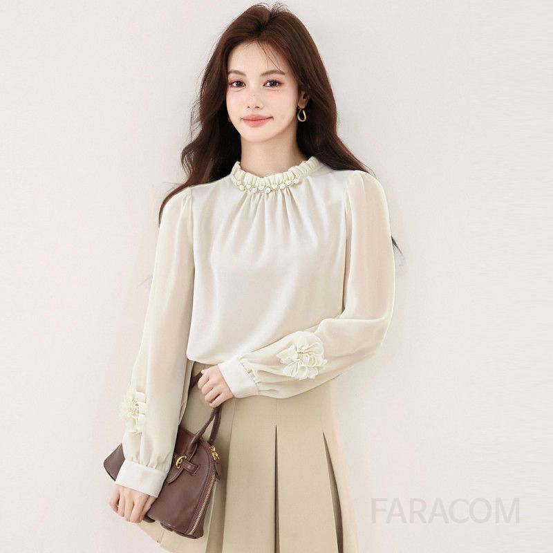 가을 여성용 러플 프릴 핀턱 블라우스 긴팔 셔츠 스타일리시한 디자인과 편안한 착용감의 하객룩 코디 쉬폰 소재로 우아한 분위기 연출 - 상품 이미지