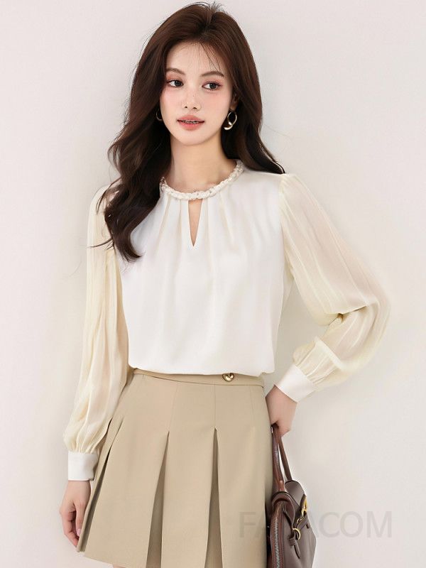 플리츠 슬리브 여성 가을 셔츠 레트로 스타일 루즈핏 블라우스 고급스러운 디자인 통근용 편안한 착용감 - 상세 이미지 3
