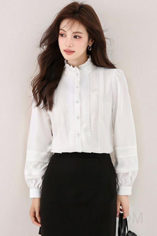 흰색 러플 긴팔 블라우스 여성용 우아한 가을 스타일 세련된 라운드넥 캐주얼 상의 데일리 코디 적합한 셔츠 - 상세 이미지 5