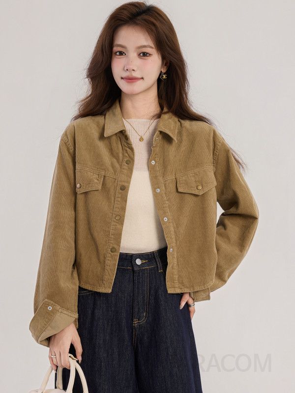 여성 심플 솔리드 컬러 숏 재킷 긴팔 셔츠 봄 가을 레트로 스타일 캐주얼 여유로운 핏 데일리 활용 가능 편안한 착용감 - 상세 이미지 4