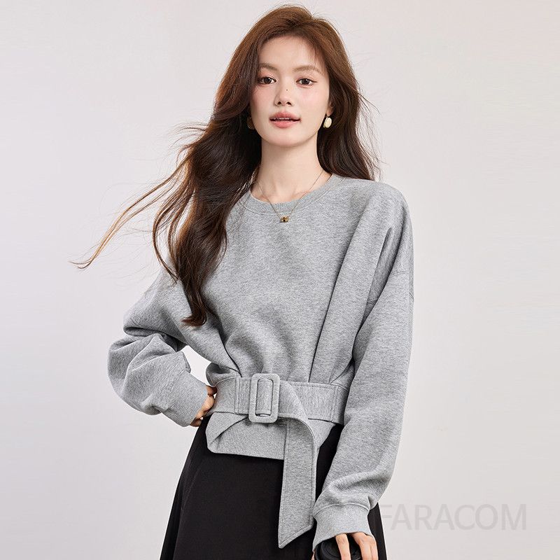 여성 라운드넥 스웨트 긴팔 티셔츠 배트 슬리브 벨트 숏 디자인 캐주얼 맨투맨티셔츠 트렌디한 데일리웨어 스타일 - 메인 이미지