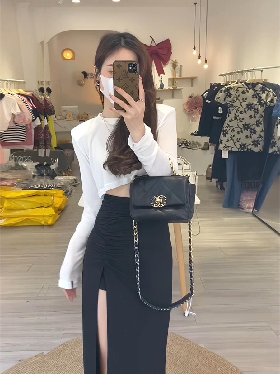 슬림 옆트임 롱 옆 셔링 스퀘어넥 슬릿 긴팔 여신 트임 원피스 홀터넥 셔츠 여름 롱스커트 화이트 상의 S 사이즈 추천 40.0-50.0kg - 상세 이미지 3
