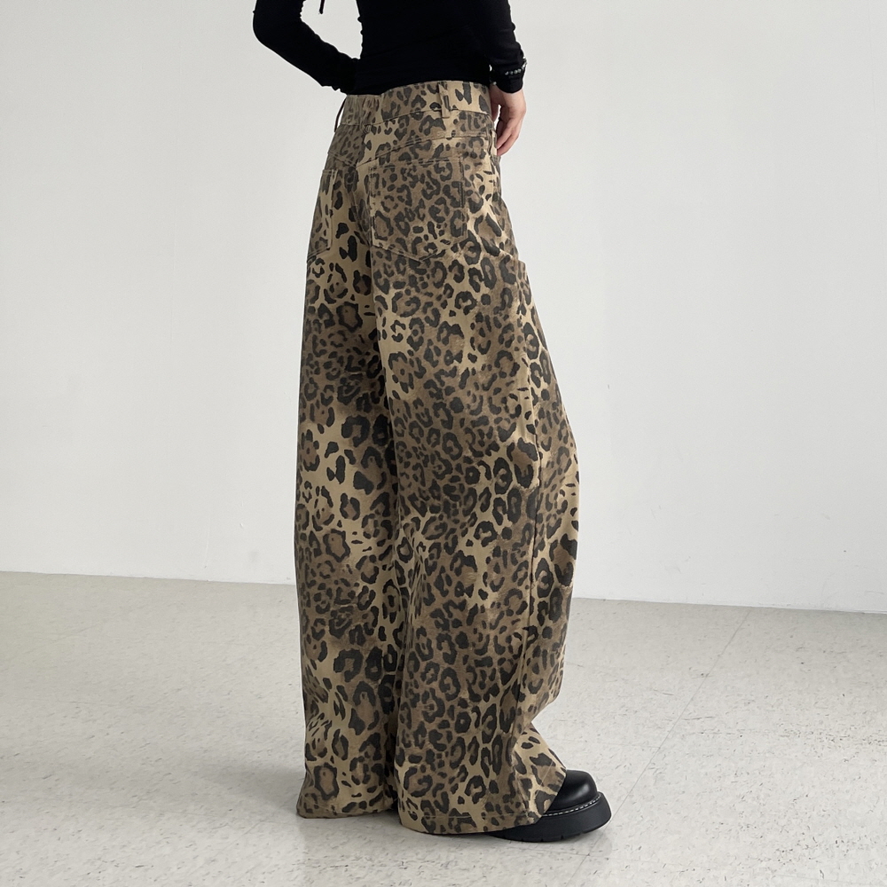 호피바지 레오파트 여성 와이드팬츠 브라운 카키 가을 면 코튼 여 통바지 모브레오팬츠 - 상세 이미지 3