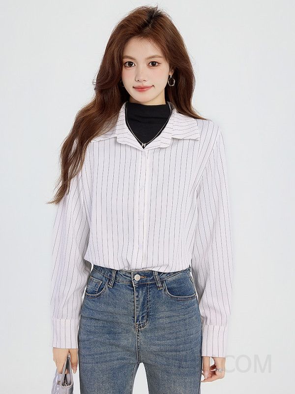 여성 스트라이프 셔츠 긴팔 가을용 캐주얼 레이어드 스타일 구김없는 편안한 착용감 데일리룩 블라우스형 - 상세 이미지 4