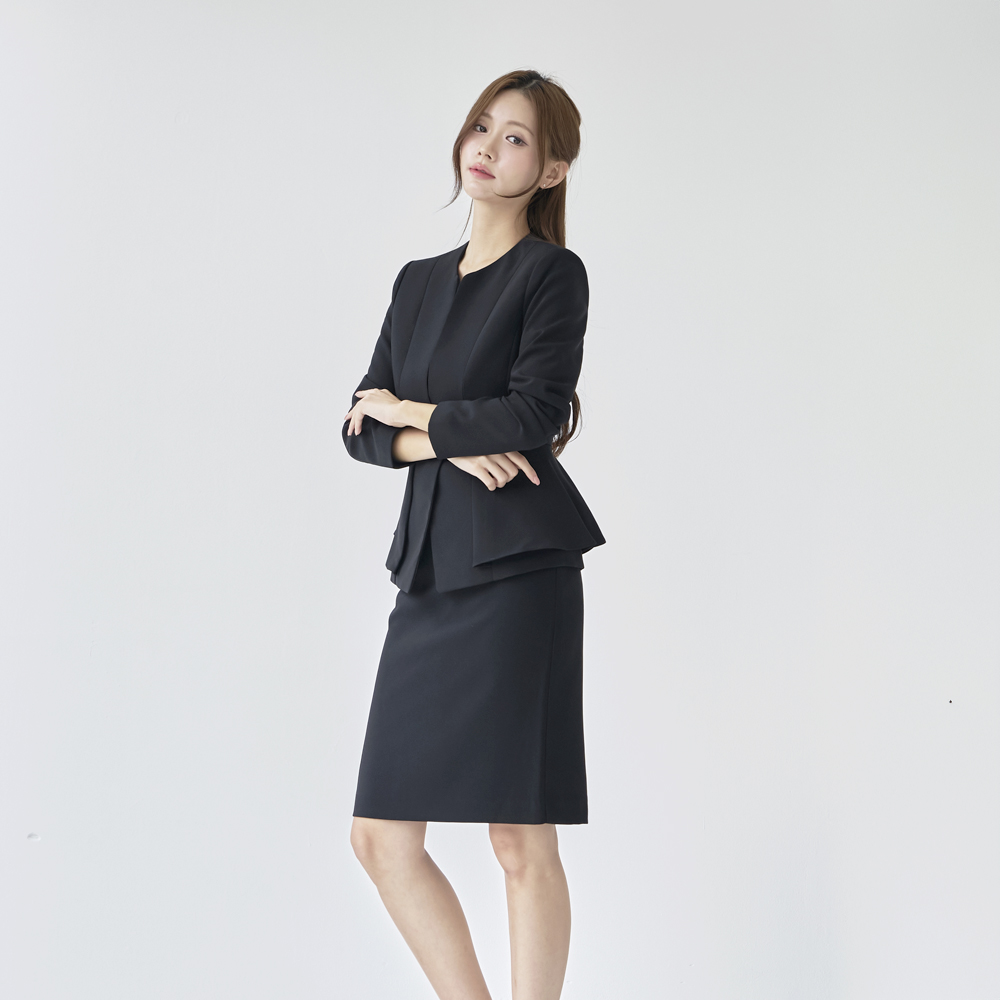 여자 면접 정장 아나운서 V넥 노버튼 페플럼자켓 [Y날개 치마 세트] 이미지 2