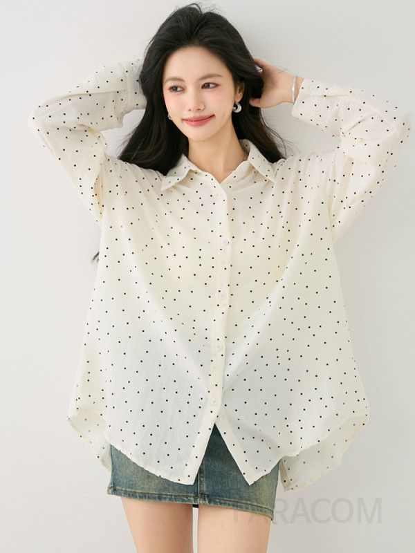 화이트 물방울 무늬 셔츠 여성용 얇은 카디건 스타일 탑 봄 여름 가을용 시스루블라우스 레이어드 패션 캐주얼한 착용감 데일리룩 - 상세 이미지 2