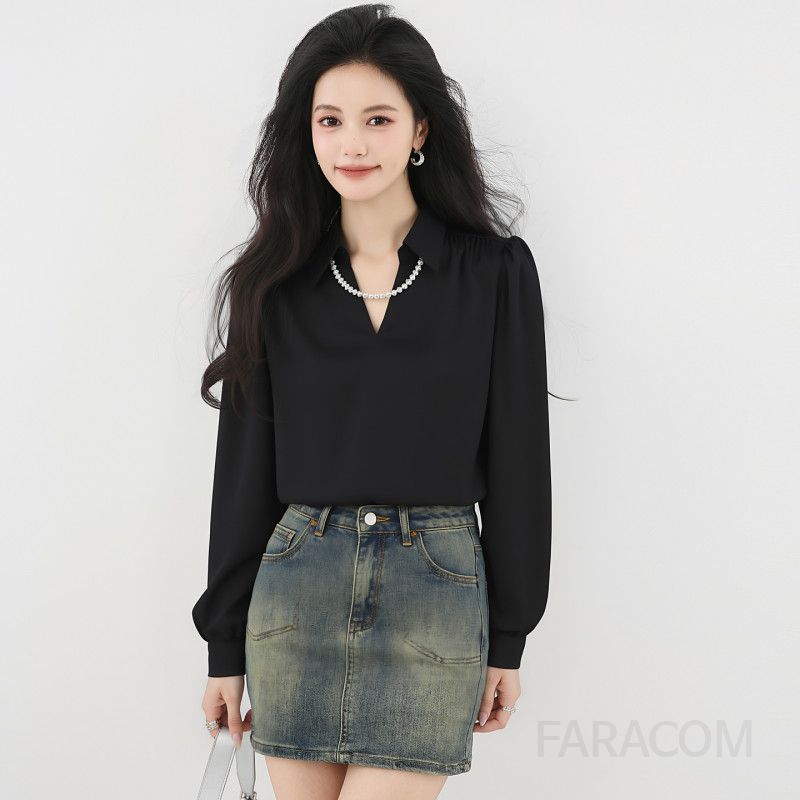 새틴 블랙 브이넥 블라우스 여성용 가을 긴팔 셔츠 우아한 펄 디테일 고급스러운 통근룩 세련된 스타일 데일리룩 - 상품 이미지