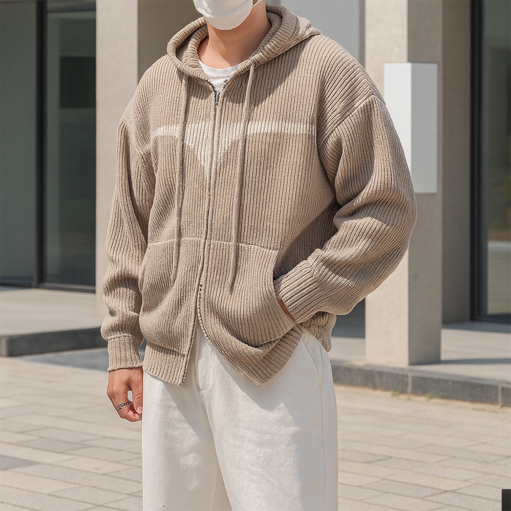 남자 오버핏 투웨이 다이아 니트 두꺼운 후드 집업 - 상세 이미지 3