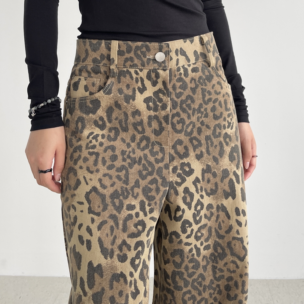 호피바지 레오파트 여성 와이드팬츠 브라운 카키 가을 면 코튼 여 통바지 모브레오팬츠 - 상세 이미지 4