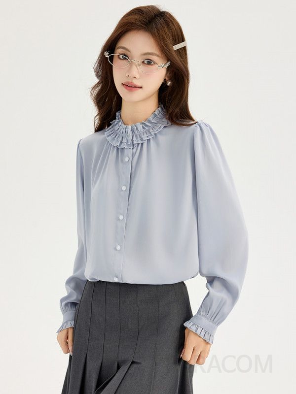가을 여성 긴팔 러플 블라우스 고급스러운 드레이프 스타일 루즈핏 프릴 디자인 하객룩 데일리 착용 편안한 매력적인 셔츠 - 상세 이미지 3