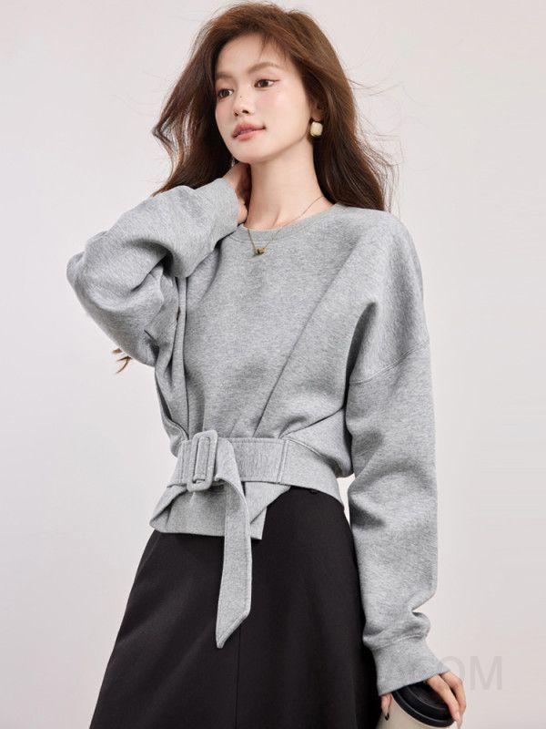 여성 라운드넥 스웨트 긴팔 티셔츠 배트 슬리브 벨트 숏 디자인 캐주얼 맨투맨티셔츠 트렌디한 데일리웨어 스타일 - 상세 이미지 4
